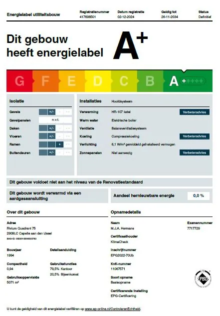 Energielabelrapport van een utiliteitsgebouw aan het Rivium Quadrant 75 met energielabel A+.